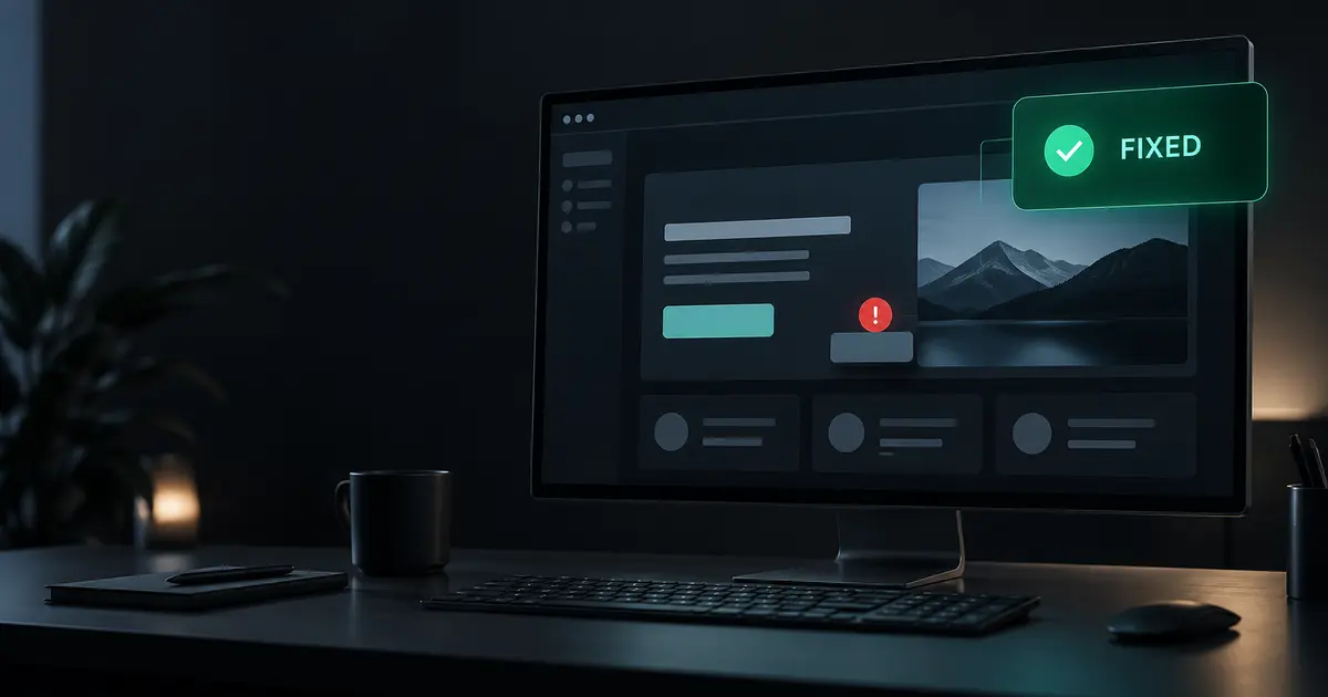AI coding tool showing a fixed status while an unresolved website interface problem remains visible